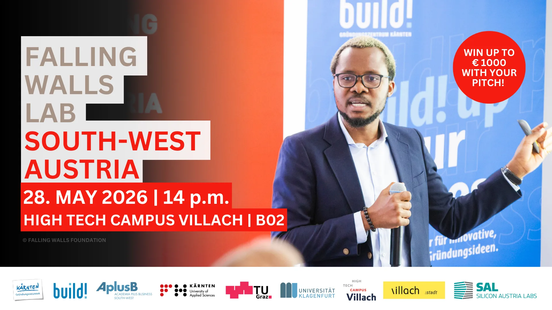 Govornik med predstavitvijo na dogodku Falling Walls Lab South-West Austria 2026, ki bo 28. maja 2026 na High Tech Campus Villach